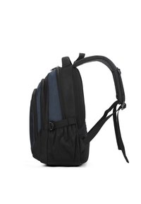 Zaino nero e blu caratterizzato da più scomparti, spallacci imbottiti e una finitura in tessuto testurizzato. Chiusure con cerniera visibili.