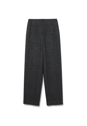 Dunkelgraue, weit geschnittene Hose aus strukturiertem Stoff mit einem dezenten Muster. Sie hat eine flache Vorderseite und einen topstitched Taillenbund.