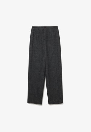 Dunkelgraue, weit geschnittene Hose aus strukturiertem Stoff mit einem dezenten Muster. Sie hat eine flache Vorderseite und einen topstitched Taillenbund.