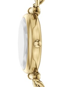 Goudkleurig polshorloge met een facette wijzerplaat van witte kristal, een gladde bezel en een schakelen band met afgeronde accenten.