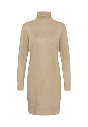 Beige coltrui jurk, lange mouwen, gemaakt van zachte brei stof, met ribgebreide manchetten en zoom, minimalistisch ontwerp zonder patronen of versieringen.