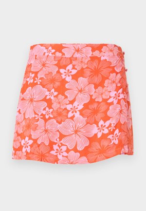 Lysende oransje miniskjørt med stort rosa blomstertrykk, sidelommer og rett kant.