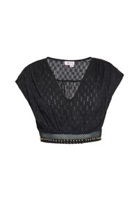 Top scurt negru cu decolteu în V, fabrică texturată, mâneci scurte și un finisaj decorativ din margele la tiv. Detaliat cu un overlay cu model.