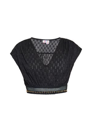 Sort cropped top med V-hals, tekstureret stof, korte ærmer og en dekorativ perlekant i kanten. Udsmykket med et mønstret overlay.