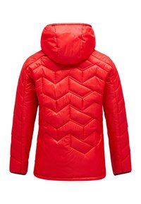 Rote gepolsterte Jacke mit Kapuze, aus einem gewellten, gequilteten Design, strukturiertem Obermaterial und elastischen Bündchen für eine enge Passform.