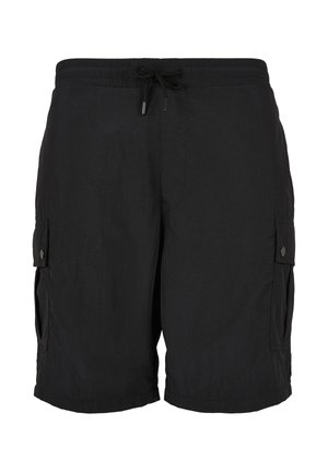 Pantalones cortos cargo negros con cintura elástica, cordón ajustable y bolsillos laterales con botón.