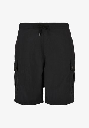 Schwarze Cargoshorts mit elastischem Bund, verstellbarem Kordelzug und seitlichen Taschen mit Knöpfen.