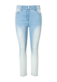 Vaqueros skinny de mezclilla en azul claro con efecto desgastado, que cuentan con cinco bolsillos, un cierre de botón y loopholes para cinturón.