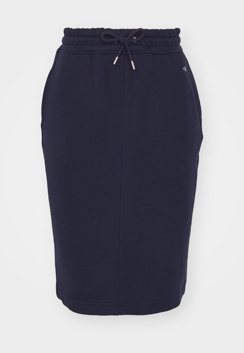Granatowa spódnica dresowa z elastycznym pasem, sznurkiem do regulacji i kieszeniami bocznymi; gładka tekstura, długość do kolan.