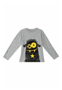 Graues Langarmshirt mit einem schwarzen Monster-Graphic, gelben Augen, Stern und Fangzähnen, aus weichem Baumwollstoff.