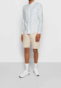 Camicetta a maniche lunghe a righe blu chiaro e bianche con chiusura a bottone, abbinata a pantaloni corti beige e scarpe sportive bianche. Nessun motivo particolare.