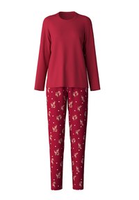 Rode lange mouwen top met een ronde hals, gecombineerd met rode geblokte broek met speelse herten en hartmotieven. Zacht materiaal, comfortabele pasvorm.