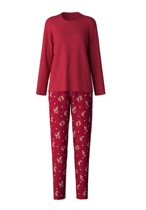 Rode lange mouwen top met een ronde hals, gecombineerd met rode geblokte broek met speelse herten en hartmotieven. Zacht materiaal, comfortabele pasvorm.