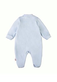 Body neonato azzurro chiaro a maniche lunghe in tessuto morbido. Presenta un colletto e polsini elastici, con un'etichetta sul lato sinistro vicino all'orlo.