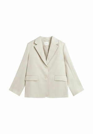 Vaaleanbeige naisten bleiseri, jossa notkkokalvosimet, kaksi nappia, kaksi läppätaskua ja yksi rintatasku, esillä tasaisesti valkoisella taustalla.