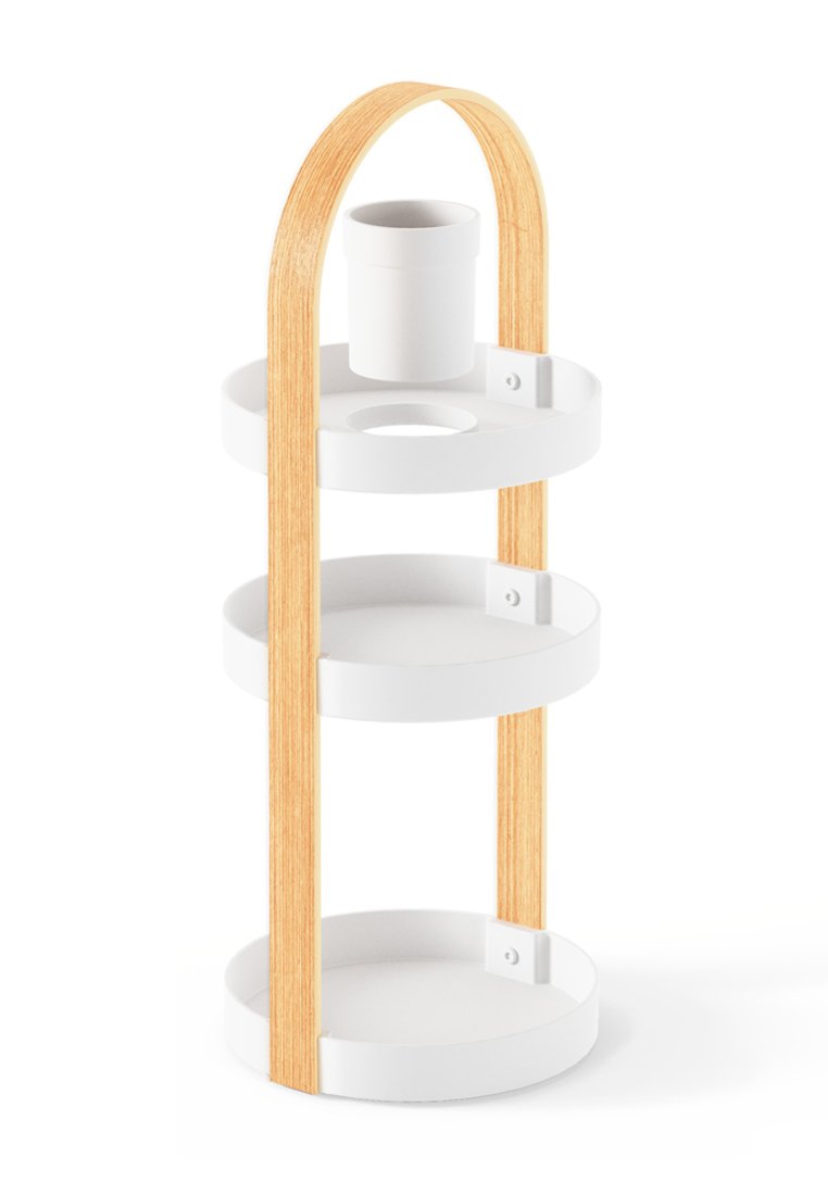 Drei-stufiger Küchenorganisator aus weißem Metall und Holz mit einem zylindrischen Halter oben und einem geschwungenen Holzgriff.