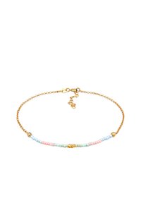 Goldene Kettenarmband mit pastellfarbenen Perlen in Rosa, Blau und Grün, mit einem kleinen goldenen Akzent in der Mitte. Länge anpassbarer Verschluss enthalten.