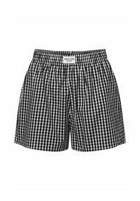 Czarno-białe bokserki w kratę z elastycznym pasem i etykietą "STAY COOL" na środku przodu. Miękki materiał, luźny krój.
