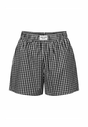 Czarno-białe bokserki w kratę z elastycznym pasem i etykietą "STAY COOL" na środku przodu. Miękki materiał, luźny krój.