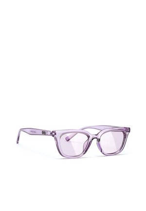 Transparent lavender cat-eye glasses with slightly tinted lenses resting on a white surface at an angle.
