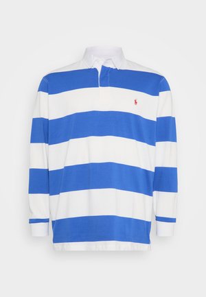 Dlhý rukáv polo tričko s modro-bielymi pruhmi, s golierom a malým červeným logom na ľavej hrudi. Mäkký bavlnený materiál.