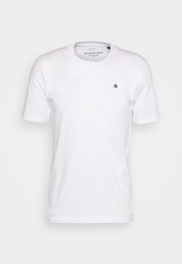 Camiseta de algodón blanca de manga corta, con cuello redondo y un pequeño logotipo negro en el lado izquierdo del pecho. Textura suave con un corte cl�ásico.