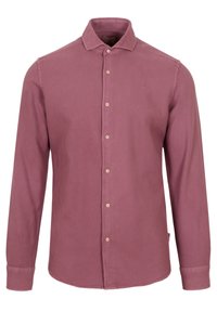Camicia a maniche lunghe, con bottoni, in cotone mauve con una trama testurizzata. Presenta un colletto a punta e un piccolo logo ricamato sul petto.