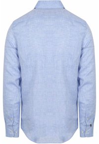 Lichtblauwe button-up shirt van textuurstof, met lange mouwen, een standaardkraag en een ronde zoom met knoopmanchetten.