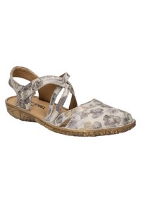 Blumenmuster-Sandale mit offenem Absatz und überkreuzten Riemen. In hellbraunen und Beigetönen, mit strukturiertem Sohlenmaterial und gepolstertem Innenleben für zusätzlichen Komfort.