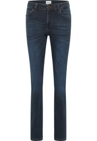 Jean en denim bleu foncé avec une coupe droite, cinq poches et une fermeture à bouton et à glissière. Présente un léger effet de décoloration et une texture lisse.