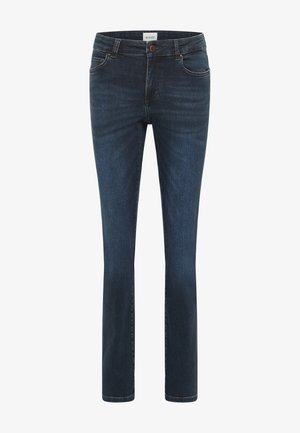 Jeans in denim blu scuro con un design a gamba dritta, cinque tasche e chiusura a pulsante e cerniera. Presentano un leggero effetto sbiadito e una texture liscia.