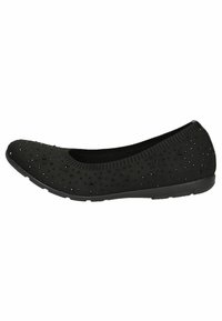 Ballerines noires en matériau tricoté texturé avec de petites accents scintillants, présentant un bout arrondi et une semelle en caoutchouc flexible.