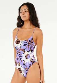 Maillot de bain une pièce avec un motif floral en violet, blanc et marron, doté de fines bretelles et d'une silhouette ajustée.