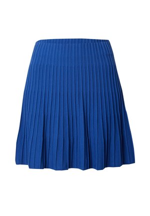 Faltender blauer Rock aus dehnbarem Stoff. Hat eine strukturierte Ripp-Optik und einen ausgestellten Saum. Der Bund hat eine glatte Oberfläche.