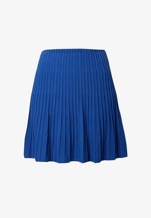 Faltender blauer Rock aus dehnbarem Stoff. Hat eine strukturierte Ripp-Optik und einen ausgestellten Saum. Der Bund hat eine glatte Oberfläche.