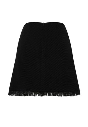 Falda negra con cintura ajustada y silueta en A, que presenta un patrón texturizado y un dobladillo con flecos. Detalle de cremallera en la parte posterior.