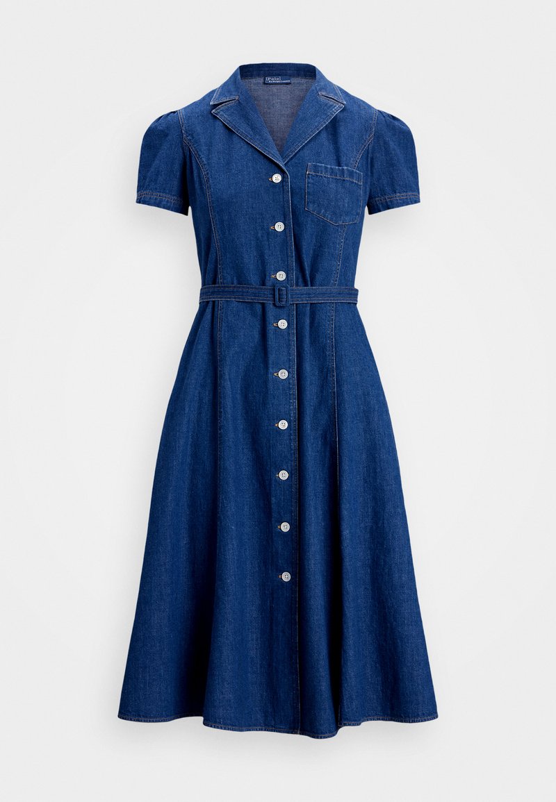 Denim dress with short puff sleeves, a collar, button front, and a belted waist. Features a single chest pocket and a flared skirt.