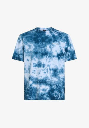 Modrá a biela tričko s tie-dye, krátke rukávy, okrúhly výstrih, vyrobené z mäkkej bavlny, s vírivým vzorom a logom na hrudi.