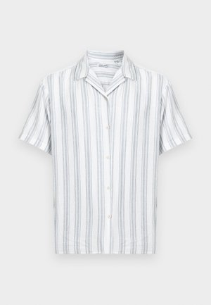 Πουκάμισο με κοντά μανίκια σε ελαφρύ ύφασμα. Διαθέτει οριζόντιες ρίγες σε μπλε και γκρι, γιακά με εγκοπή και πέντε κουμπιά στην μπροστινή πλευρά.