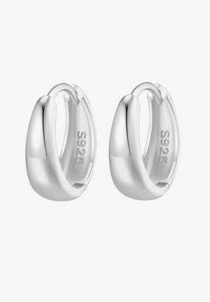 Silver hoop earrings with a smooth, rounded shape. Marked "S925" on the inner surface, indicating sterling silver material.