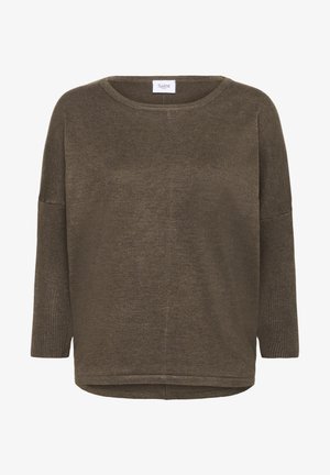 Olivengrüner oversized Pullover mit rundem Halsausschnitt, Dreiviertelärmeln, gerippten Bündchen und strukturiertem Finish. Etikett mit der Aufschrift "Saint" am Halsausschnitt.