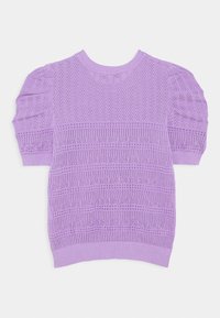 Maglione lilla lavorato a maglia con maniche a palloncino corte. Presenta un motivo testurizzato a righe e buchi, con polsini e orlo a coste.