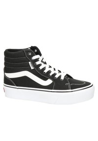 Zapatillas altas de lona negra con acentos y cordones blancos, que cuentan con un cuello acolchado y una suela de goma con sutiles detalles de costura.