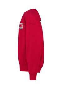 Felpa rossa con maniche lunghe, polsini a coste e colletto rotondo. Presenta una piccola etichetta con logo sulla parte superiore del braccio e un grande logo bianco sul davanti.