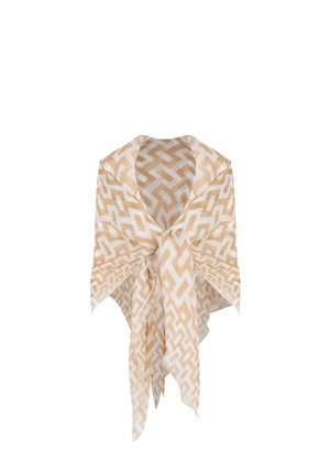 Écharpe à motif géométrique avec une palette de couleurs beige et blanche. Tissu léger avec une texture douce, bords finis et un nœud central.
