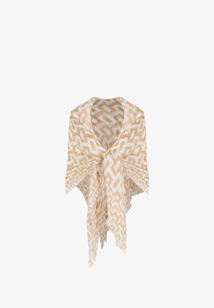 Écharpe à motif géométrique avec une palette de couleurs beige et blanche. Tissu léger avec une texture douce, bords finis et un nœud central.