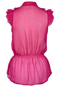Blusa fucsia trasparente con maniche corte arricciate, colletto e vita elasticizzata per un effetto arricciato.