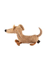 Stuffed dachshund toy in light brown plush fabric with darker brown paws, a black nose, embroidered eyes, and a tuft of hair on top.