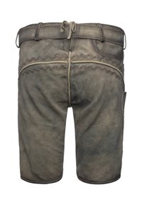 Leather shorts in muted gray with a textured finish, featuring a high waistband, decorative stitching, and a side pocket.