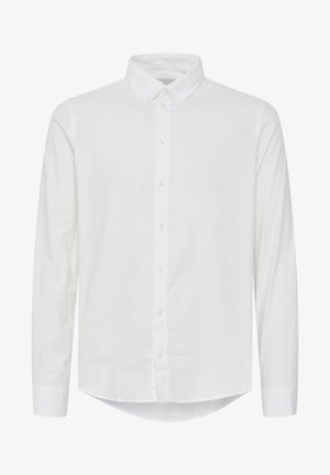 White long-sleeve button-up shirt with a collar, made of cotton. Features a straight cut, a rounded hem, and a smooth texture.